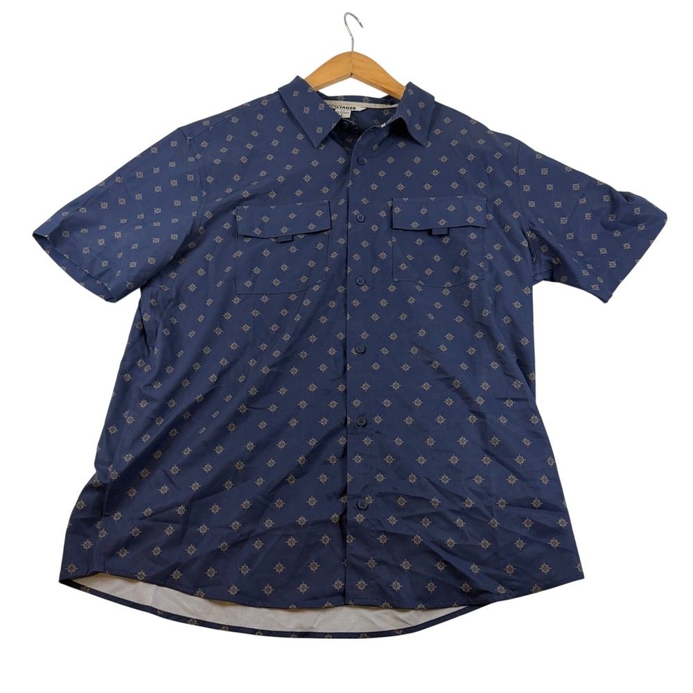 Voyager Mens Navy Blue Compass Rose Print Short Sleeve Button Down Shirt Large
